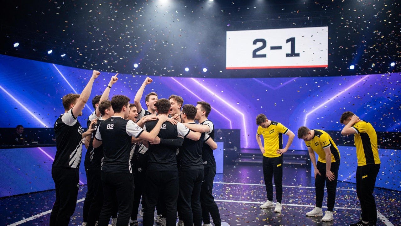 G2 Esports players celebrate on a CS2 stage as confetti falls, while NAVI stand